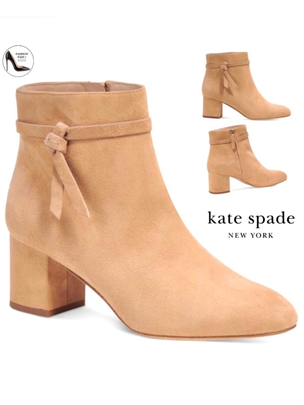 KATE SPADE Knott Mid Dress Booties Tan Suede Block Heel Almond Toe Ankle Boots